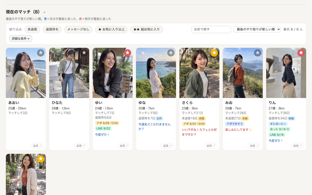 未返信・返信待ちの区分と経過日数が表示されたマッチ一覧
