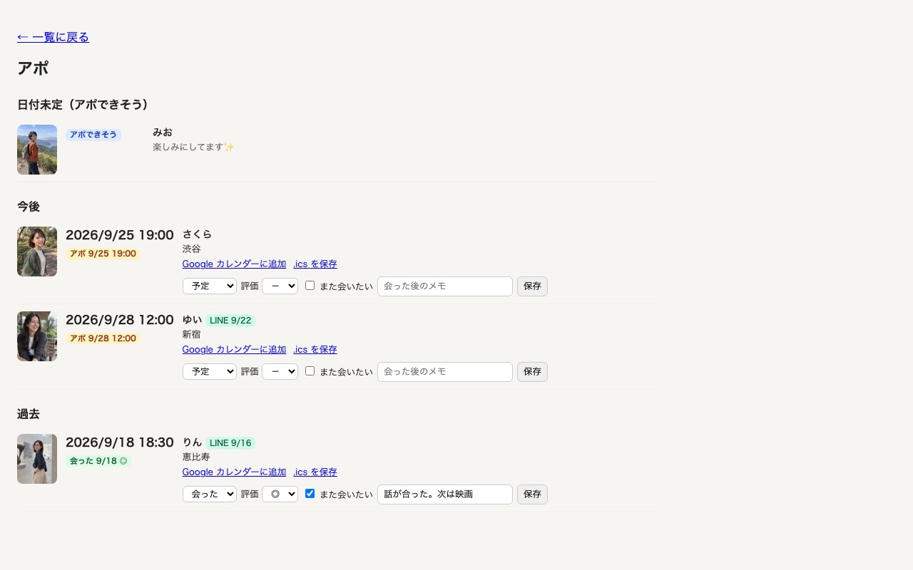 TinLOG のアポ一覧。相手ごとの日時・場所・LINE 交換の有無が並ぶ